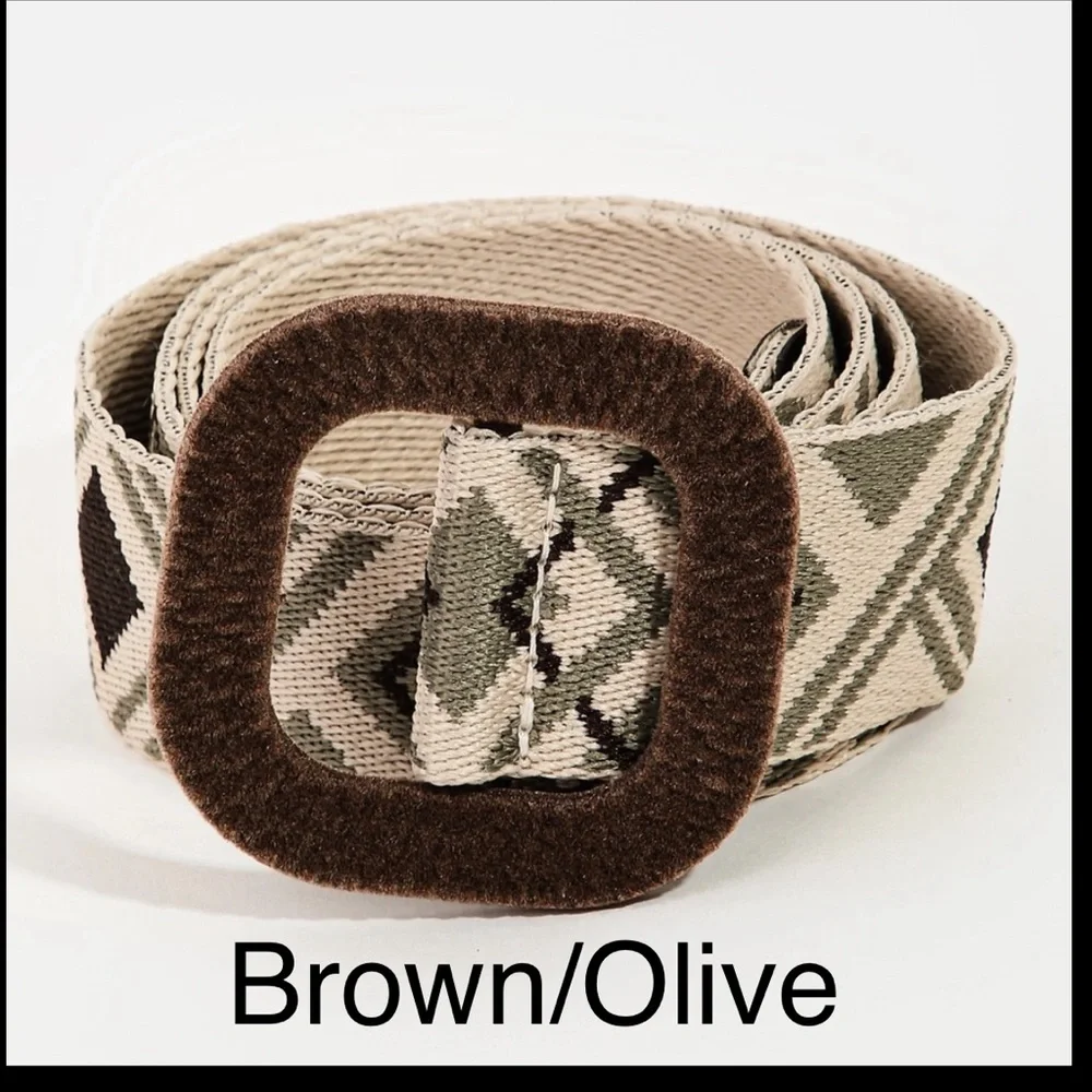 Boho Abstract Pattern Square Buckle Belt 42”L Brown/Olive